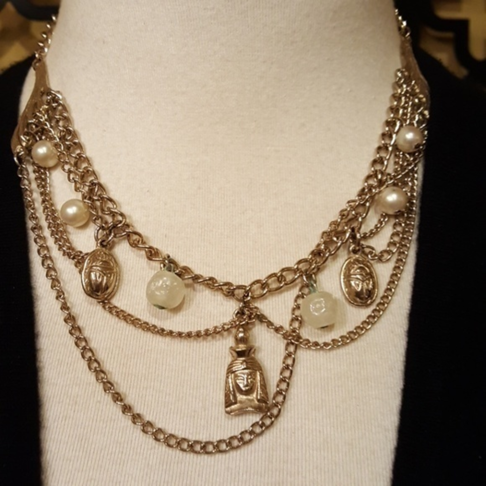 VTG EGYPTIAN REVIVAL BOHO MULTI LAYER‎ GOLD PEARL CHOKER NECKLACE